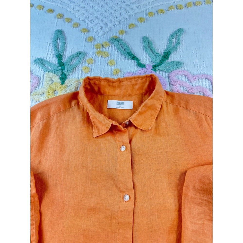 UNIQLO Linen Orange Button Up Shirt Long Sleeve Collared Top Size‎ M - Picture 6 of 9